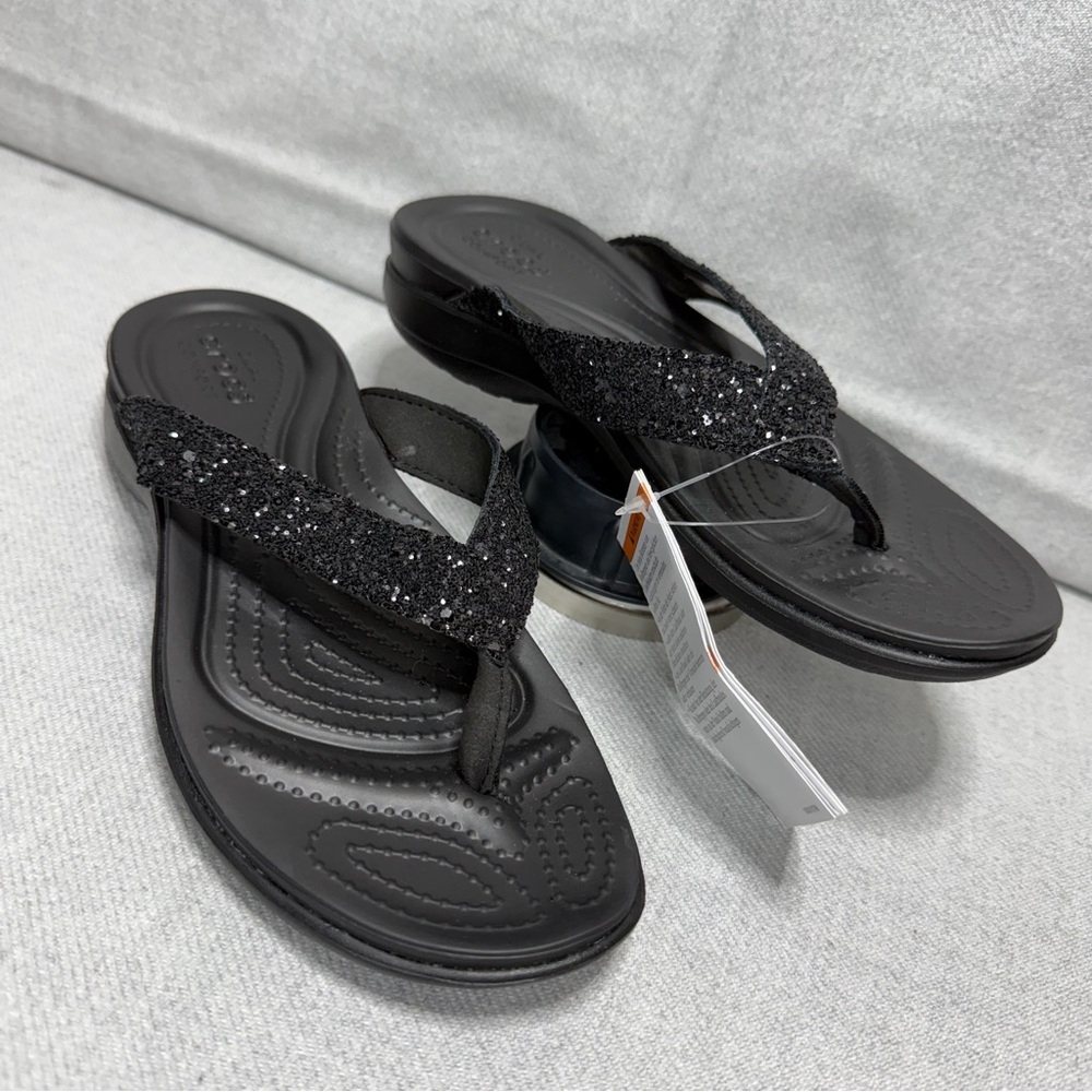 NWT - CROCS Women's Black Glitter Wedge Dual Comdort Flip-Flop Sandals